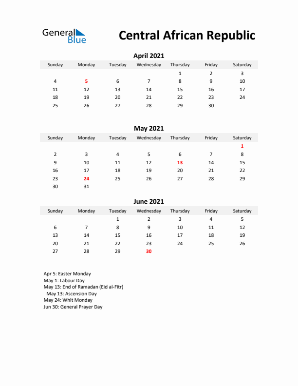 Printable Quarterly Calendar with Notes and Central African Republic Holidays- Q2 of 2021