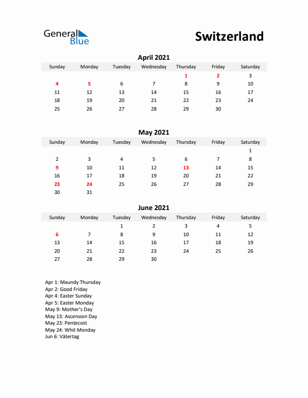 Printable Quarterly Calendar with Notes and Switzerland Holidays- Q2 of 2021