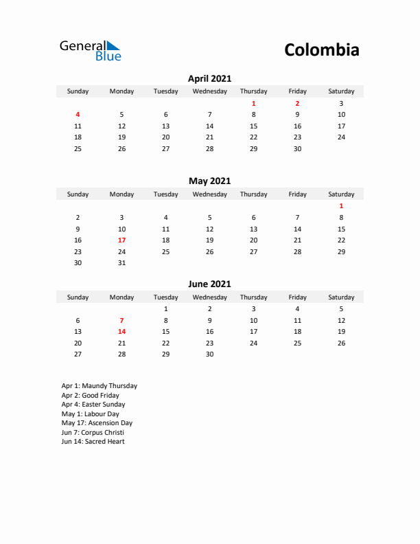 Printable Quarterly Calendar with Notes and Colombia Holidays- Q2 of 2021