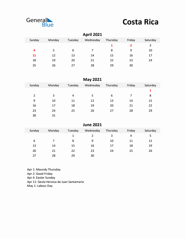 Printable Quarterly Calendar with Notes and Costa Rica Holidays- Q2 of 2021