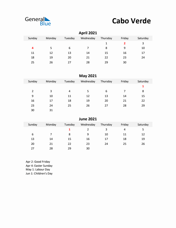 Printable Quarterly Calendar with Notes and Cabo Verde Holidays- Q2 of 2021