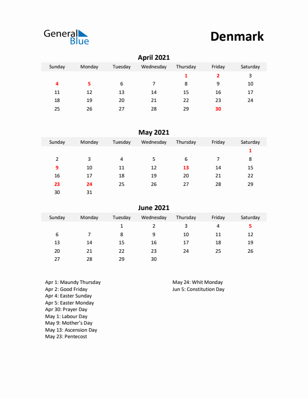 Printable Quarterly Calendar with Notes and Denmark Holidays- Q2 of 2021