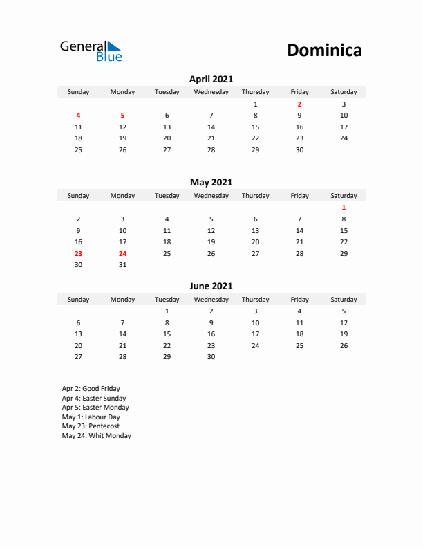 Printable Quarterly Calendar with Notes and Dominica Holidays- Q2 of 2021