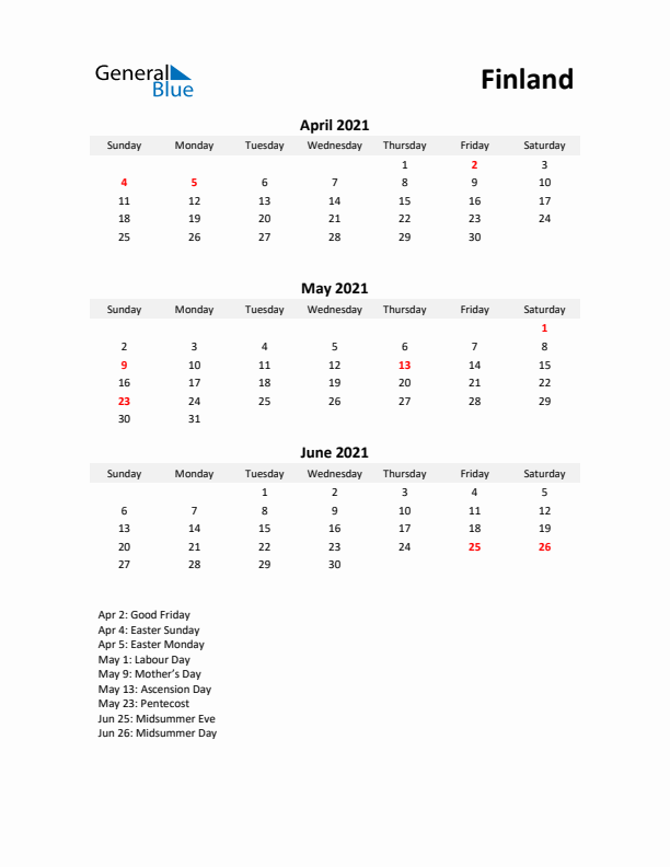 Printable Quarterly Calendar with Notes and Finland Holidays- Q2 of 2021