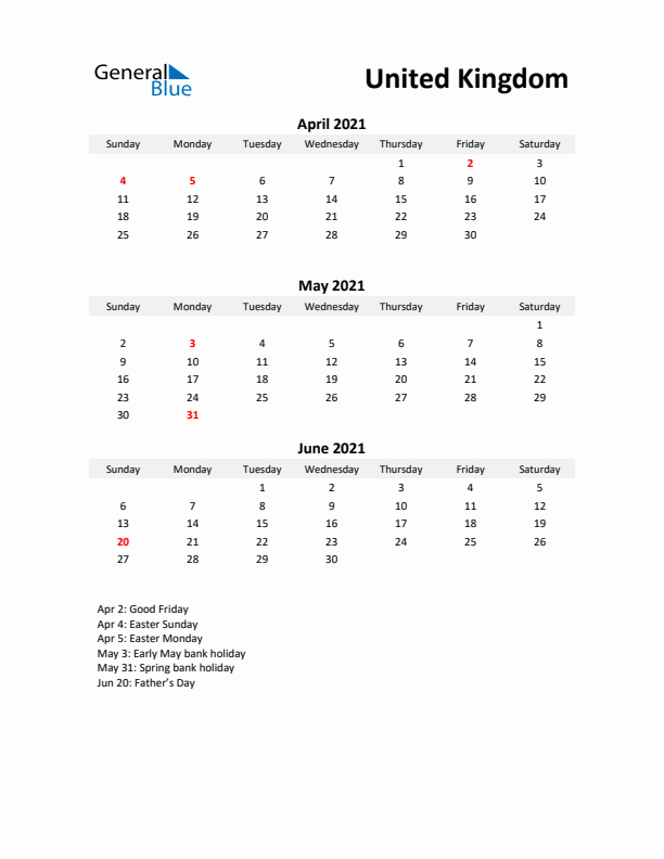 Printable Quarterly Calendar with Notes and United Kingdom Holidays- Q2 of 2021