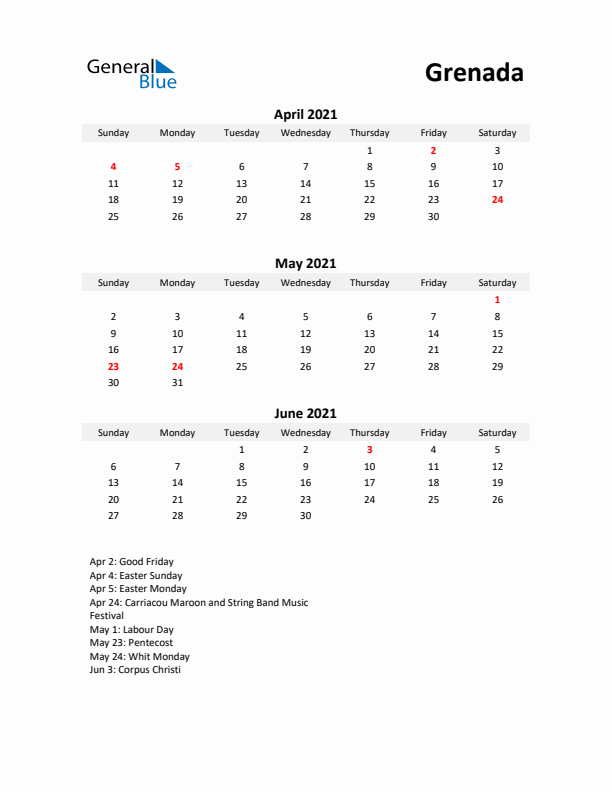 Printable Quarterly Calendar with Notes and Grenada Holidays- Q2 of 2021