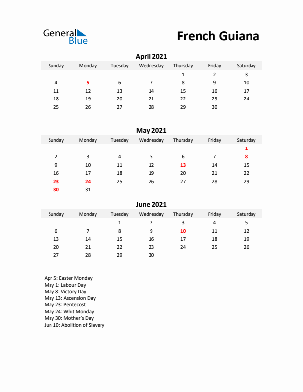 Printable Quarterly Calendar with Notes and French Guiana Holidays- Q2 of 2021