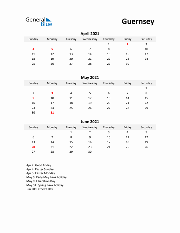 Printable Quarterly Calendar with Notes and Guernsey Holidays- Q2 of 2021