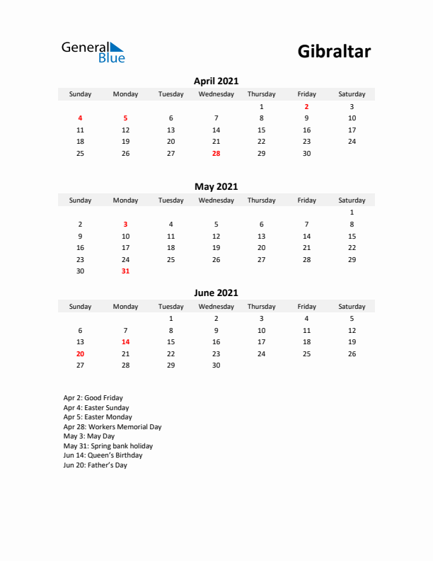 Printable Quarterly Calendar with Notes and Gibraltar Holidays- Q2 of 2021