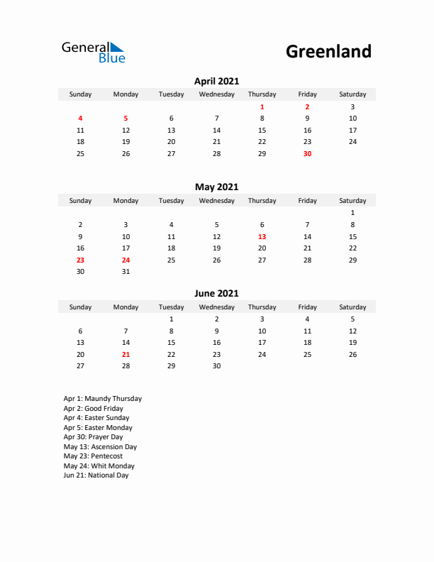 Printable Quarterly Calendar with Notes and Greenland Holidays- Q2 of 2021