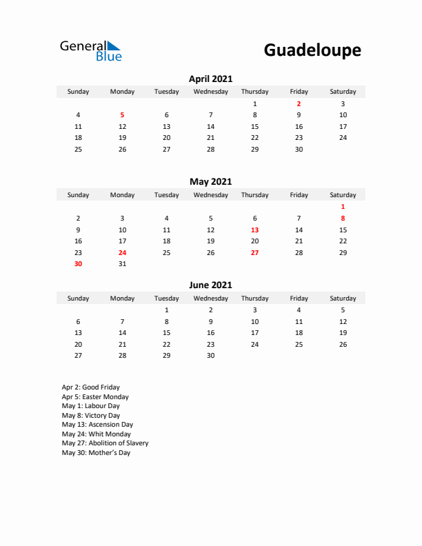 Printable Quarterly Calendar with Notes and Guadeloupe Holidays- Q2 of 2021