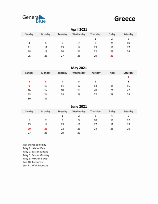 Printable Quarterly Calendar with Notes and Greece Holidays- Q2 of 2021