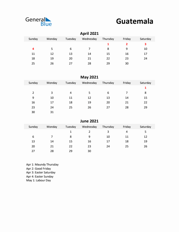 Printable Quarterly Calendar with Notes and Guatemala Holidays- Q2 of 2021