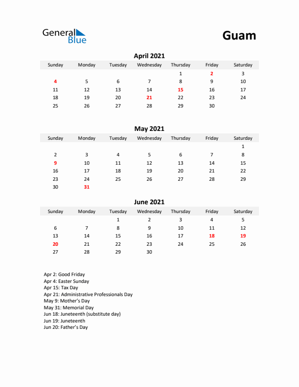 Printable Quarterly Calendar with Notes and Guam Holidays- Q2 of 2021