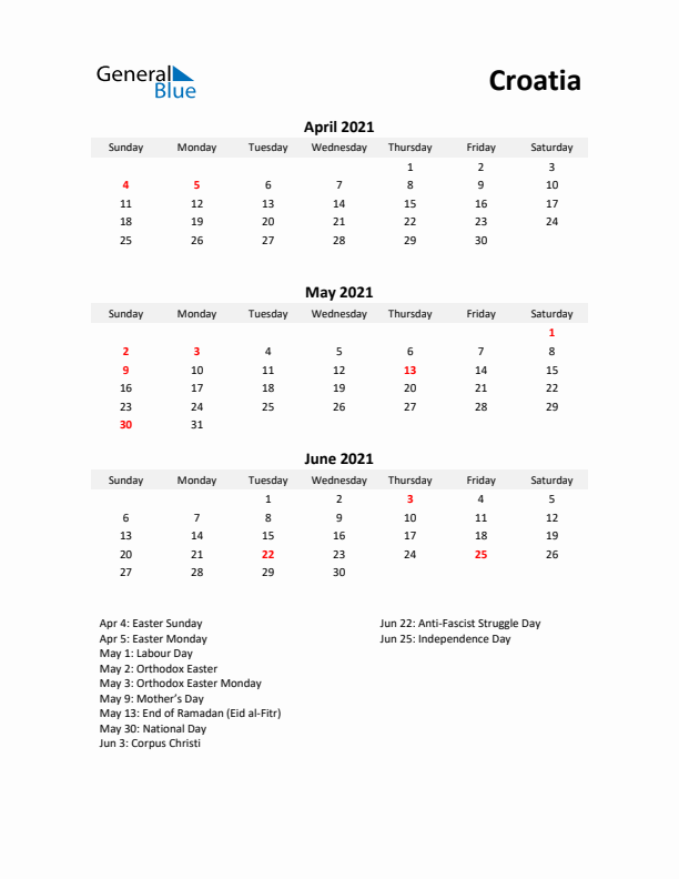 Printable Quarterly Calendar with Notes and Croatia Holidays- Q2 of 2021