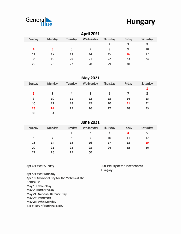 Printable Quarterly Calendar with Notes and Hungary Holidays- Q2 of 2021