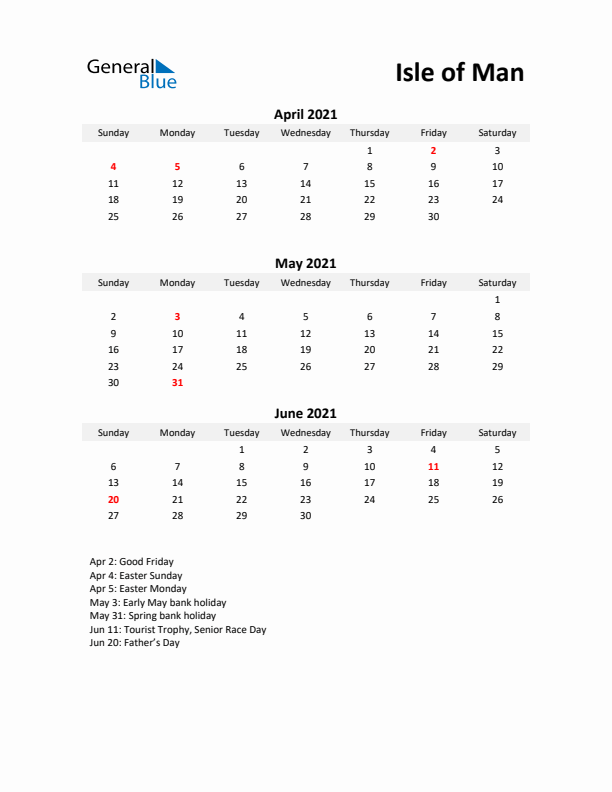 Printable Quarterly Calendar with Notes and Isle of Man Holidays- Q2 of 2021