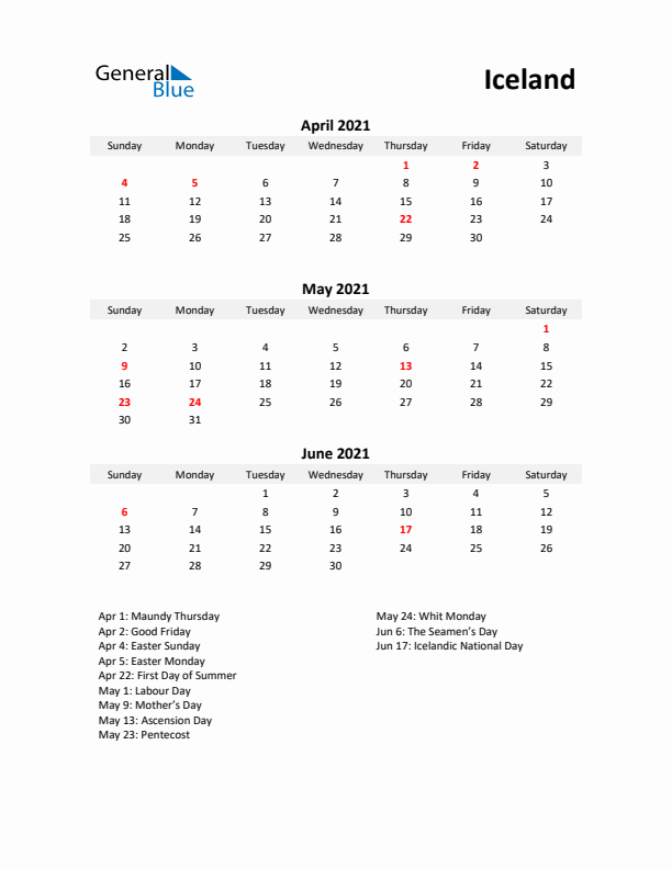 Printable Quarterly Calendar with Notes and Iceland Holidays- Q2 of 2021