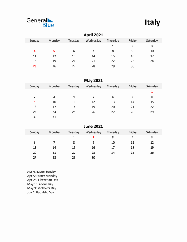 Printable Quarterly Calendar with Notes and Italy Holidays- Q2 of 2021