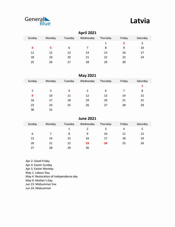 Printable Quarterly Calendar with Notes and Latvia Holidays- Q2 of 2021