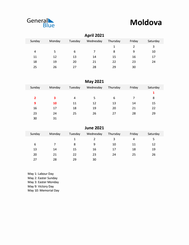 Printable Quarterly Calendar with Notes and Moldova Holidays- Q2 of 2021