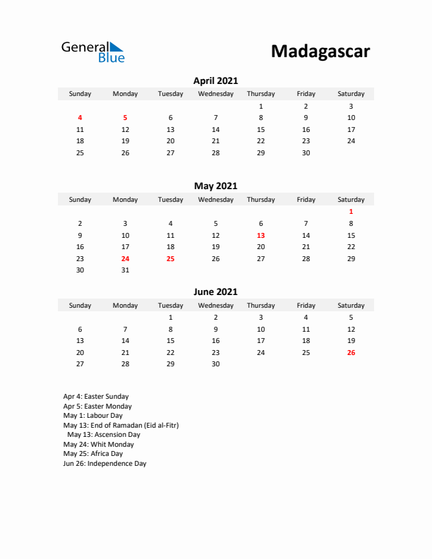 Printable Quarterly Calendar with Notes and Madagascar Holidays- Q2 of 2021