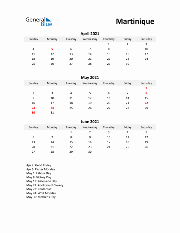 Printable Quarterly Calendar with Notes and Martinique Holidays- Q2 of 2021