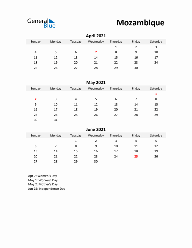 Printable Quarterly Calendar with Notes and Mozambique Holidays- Q2 of 2021