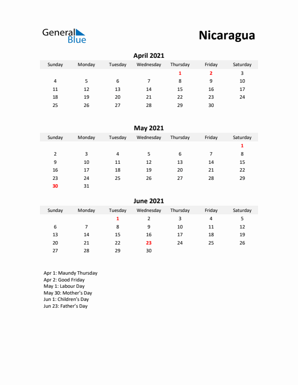 Printable Quarterly Calendar with Notes and Nicaragua Holidays- Q2 of 2021