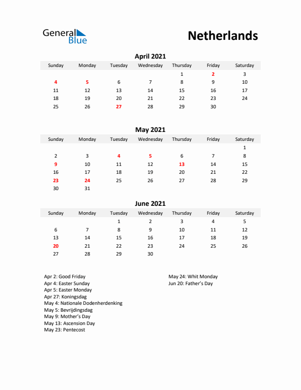 Printable Quarterly Calendar with Notes and The Netherlands Holidays- Q2 of 2021