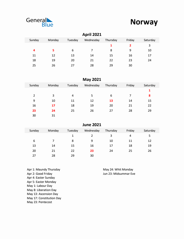 Printable Quarterly Calendar with Notes and Norway Holidays- Q2 of 2021