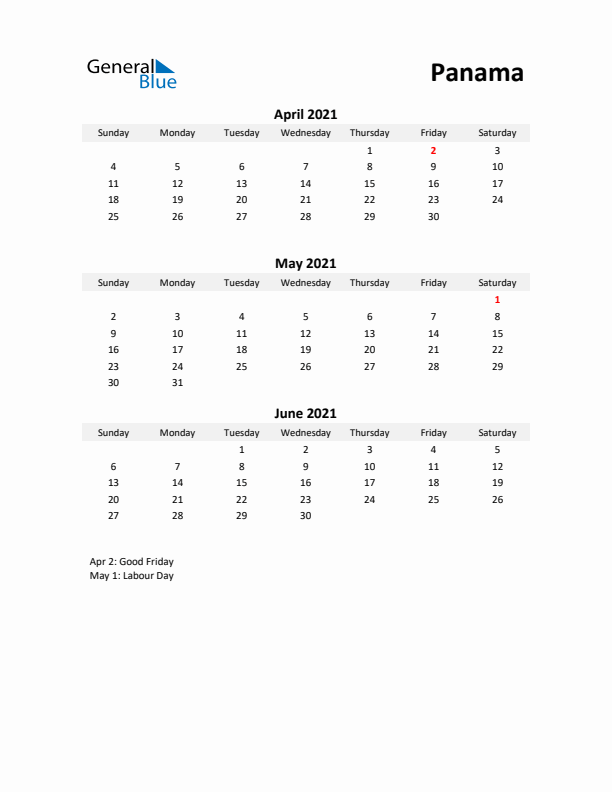 Printable Quarterly Calendar with Notes and Panama Holidays- Q2 of 2021