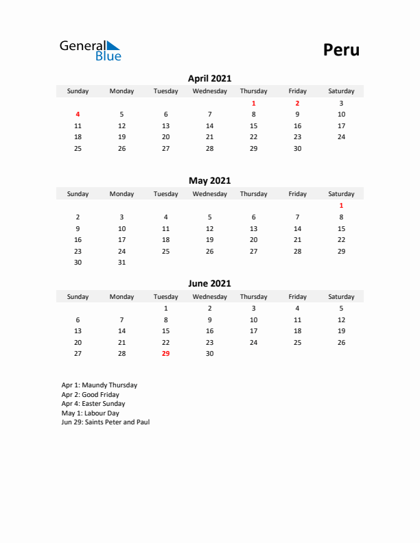 Printable Quarterly Calendar with Notes and Peru Holidays- Q2 of 2021