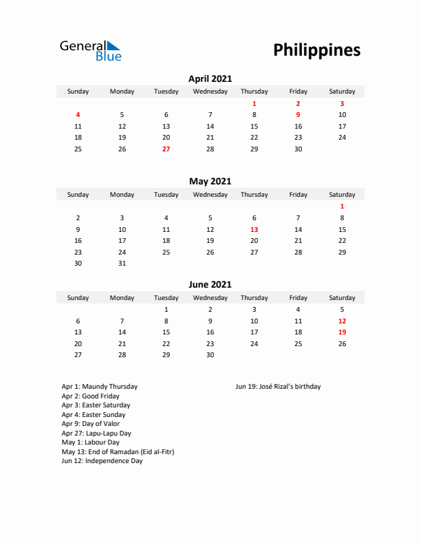 Printable Quarterly Calendar with Notes and Philippines Holidays- Q2 of 2021