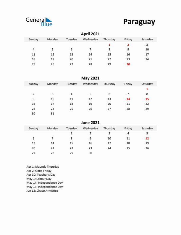 Printable Quarterly Calendar with Notes and Paraguay Holidays- Q2 of 2021