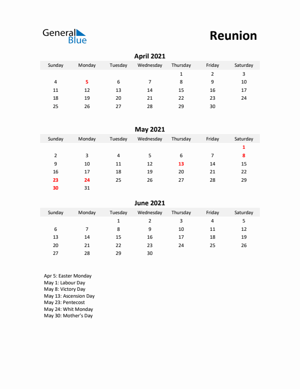 Printable Quarterly Calendar with Notes and Reunion Holidays- Q2 of 2021