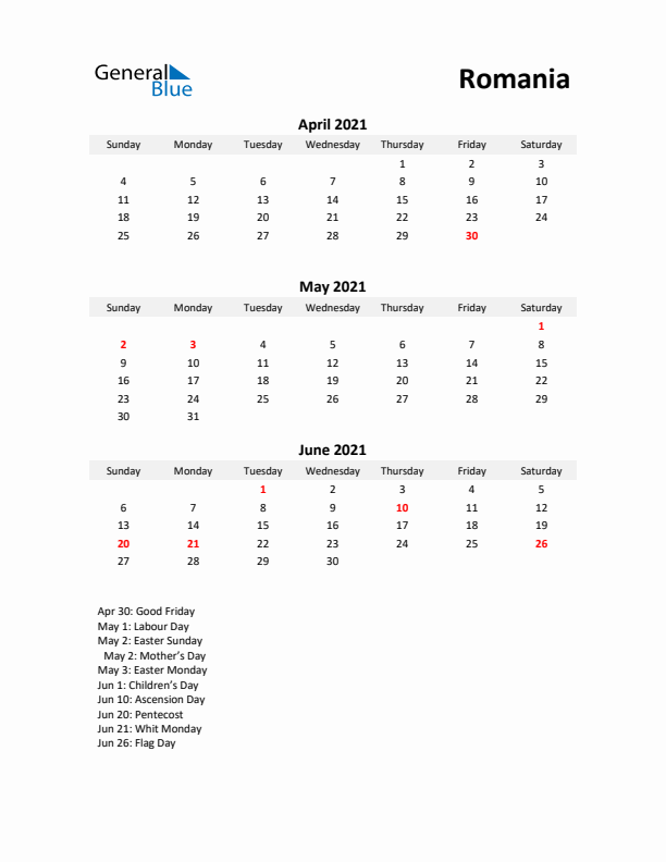 Printable Quarterly Calendar with Notes and Romania Holidays- Q2 of 2021