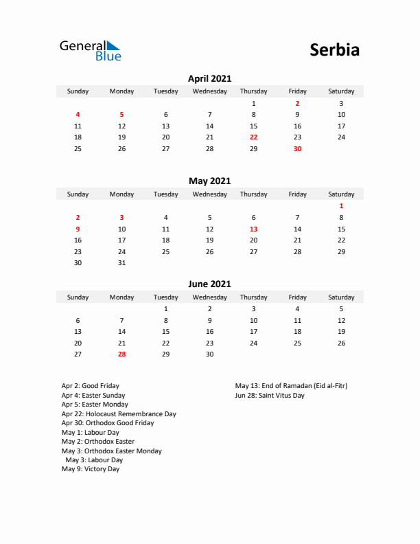 Printable Quarterly Calendar with Notes and Serbia Holidays- Q2 of 2021