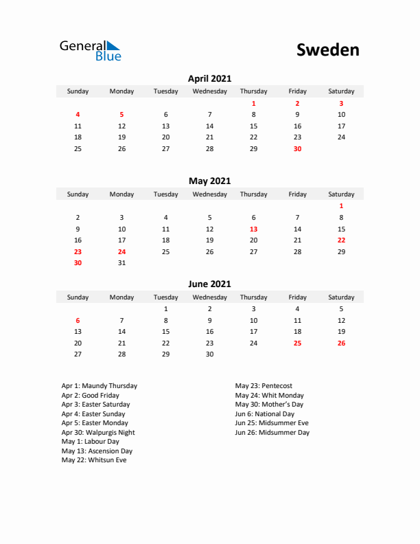 Printable Quarterly Calendar with Notes and Sweden Holidays- Q2 of 2021