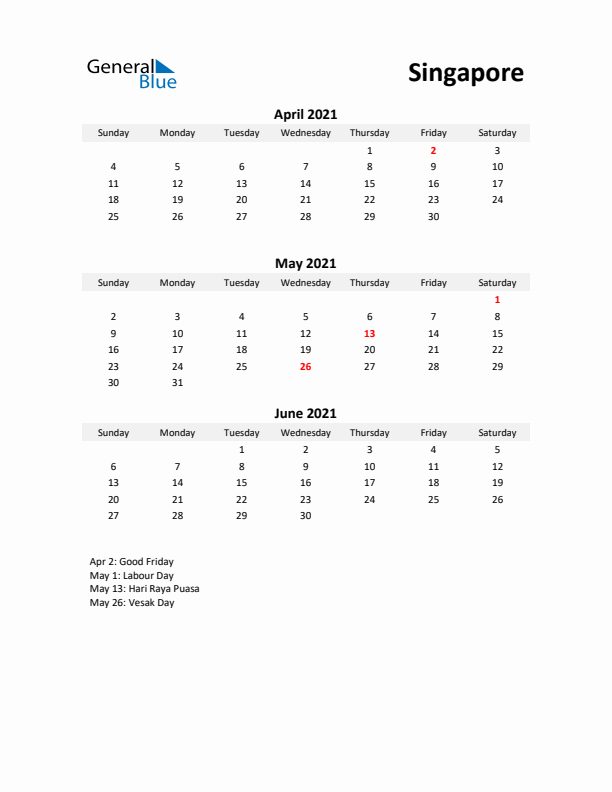 Printable Quarterly Calendar with Notes and Singapore Holidays- Q2 of 2021