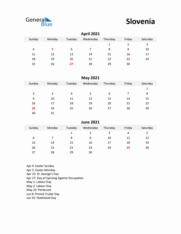 Printable Quarterly Calendar with Notes and Slovenia Holidays- Q2 of 2021