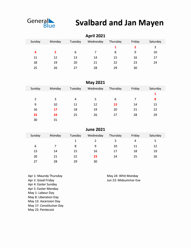 Printable Quarterly Calendar with Notes and Svalbard and Jan Mayen Holidays- Q2 of 2021