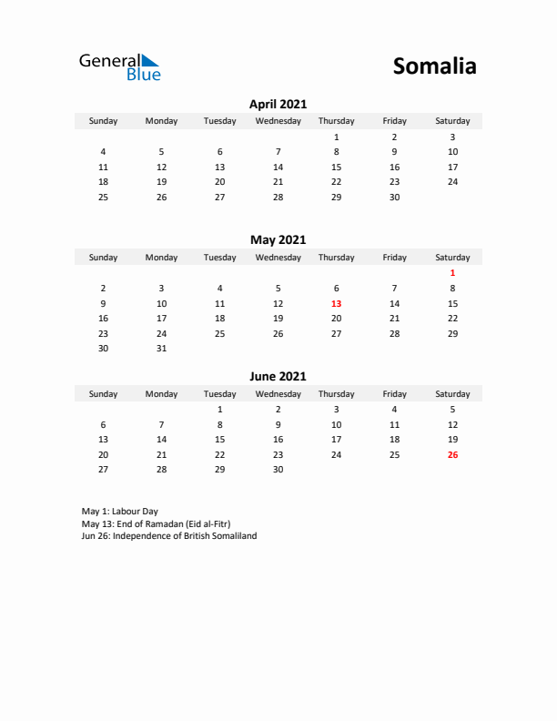 Printable Quarterly Calendar with Notes and Somalia Holidays- Q2 of 2021