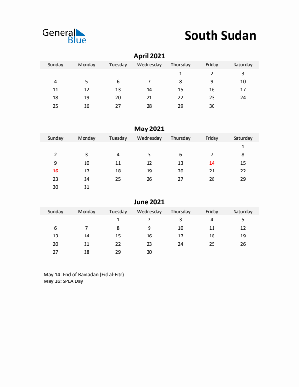 Printable Quarterly Calendar with Notes and South Sudan Holidays- Q2 of 2021