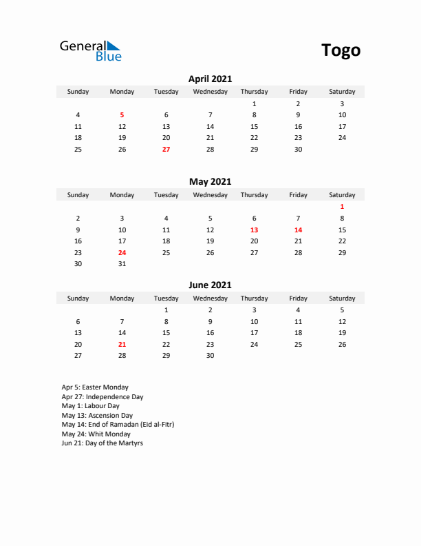 Printable Quarterly Calendar with Notes and Togo Holidays- Q2 of 2021