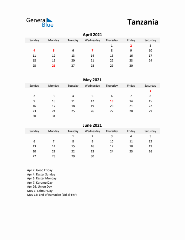 Printable Quarterly Calendar with Notes and Tanzania Holidays- Q2 of 2021