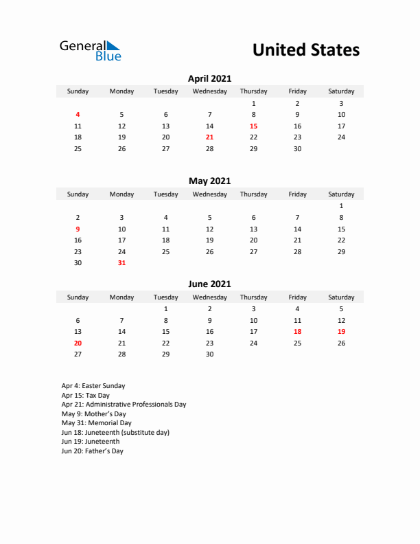 Printable Quarterly Calendar with Notes and United States Holidays- Q2 of 2021