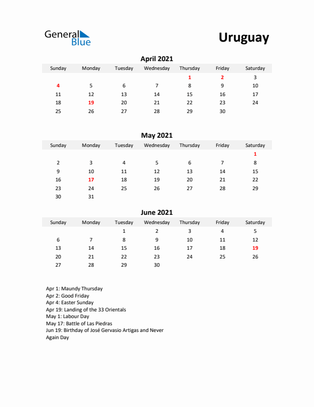 Printable Quarterly Calendar with Notes and Uruguay Holidays- Q2 of 2021