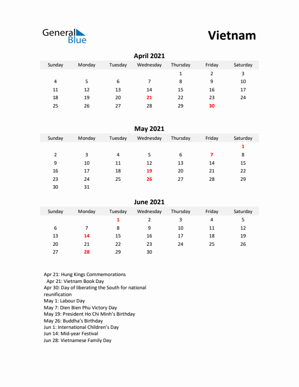 Printable Quarterly Calendar with Notes and Vietnam Holidays- Q2 of 2021