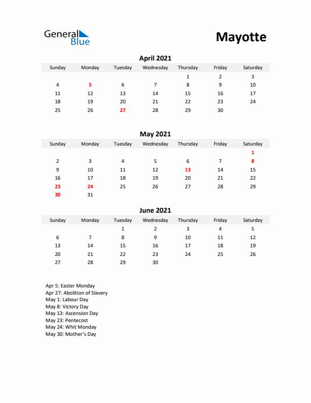 Printable Quarterly Calendar with Notes and Mayotte Holidays- Q2 of 2021